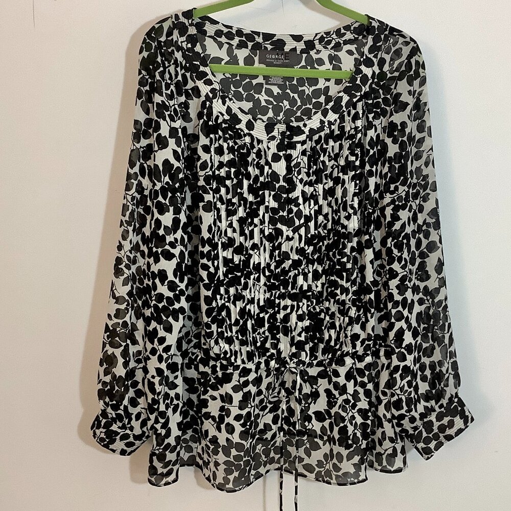 Sheer Top George ME Sz 3X Gray Black Pleated Front Scoop Neck Wide Long Sleeve